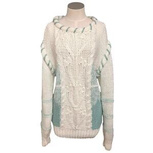 Vintage 80s Womens Cream Green Made in Korea Cottagecore Cable Knit Sweater Sz M